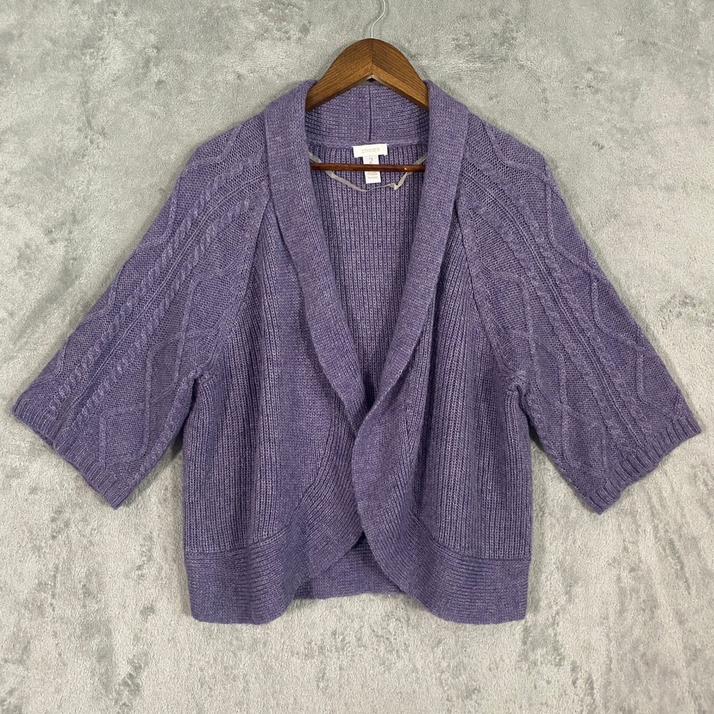 Chicos Cardigan Sz 2‎ Large Purple Open Front Cable Knit Wool Mohair Shrug Cozy